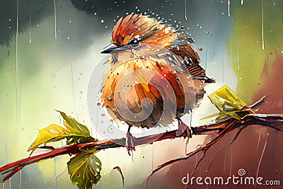 Zoom Angry Bird Perched on Branch in Rain Stock Photo