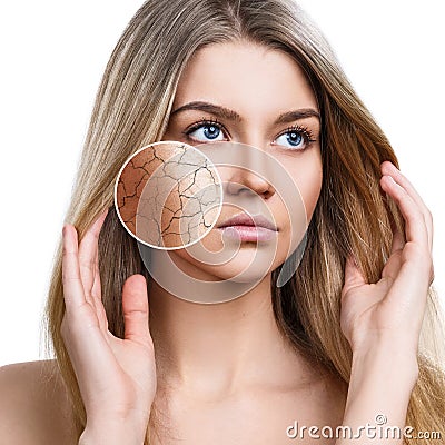 Zoom circle shows dry facial skin before moistening. Stock Photo