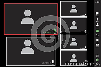 Zoom conference. Six participants. Two active participants. Communication icon symbol. Stock image Vector Illustration