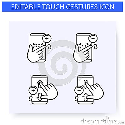 Zoom hand gestures line icons set. Editable Vector Illustration