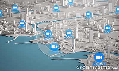 Zoom Icon Over Aerial View of City Buildings 3D Rendering Editorial Stock Photo