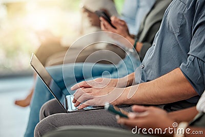 Zoom, laptop or business people hands with tech in recruitment, hiring or job interview for feedback review or company Stock Photo