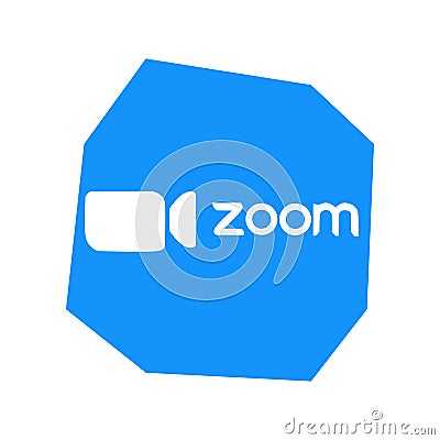 Zoom logo video conference application. Blue camera icon. Zoom app logo. Live media streaming application . Kharkiv, Ukraine - Editorial Stock Photo