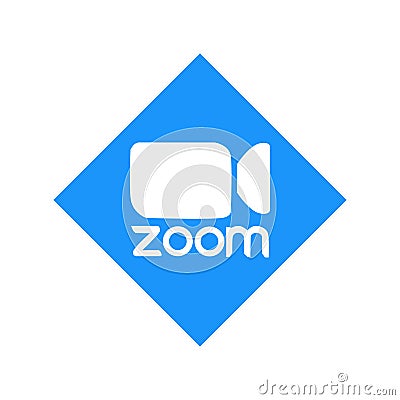 Zoom logo video conference application. Blue camera icon. Zoom app logo. Live media streaming application . Kharkiv, Ukraine - Editorial Stock Photo