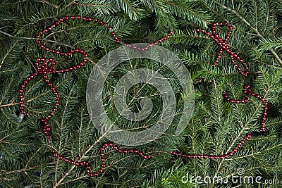 zoom on a pile of fir branches with a frame of bright red pearl garland Stock Photo