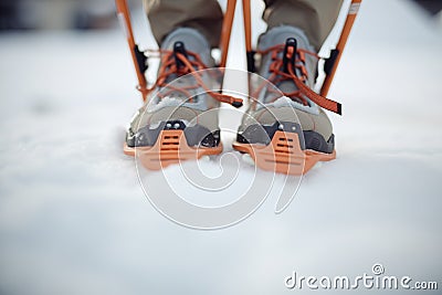 zoom on snowshoes in fresh snow Stock Photo