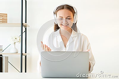 Zoom videochat virtual meeting cheerful woman Stock Photo