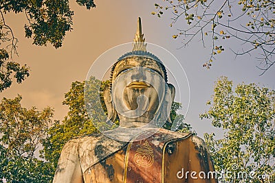 Zoom View Front Meditation Buddha Statue in Vintage Tone Editorial Stock Photo