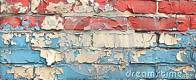 Zoomed-in image of painted brick, focusing on the peeling paint and underlying texture for a distressed effect Stock Photo