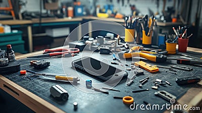 A zoomedin image of a stateoftheart mobile tracking device resting on a workbench surrounded by tools and components Stock Photo