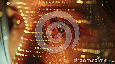 A zoomedin view of a persons face looking at a screen displaying a blockchainbased system for patientgenerated health Stock Photo