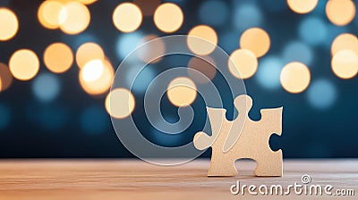 A zoomedin view of a puzzle piece resting on a table, surrounded by a soft, blurry background for depth Stock Photo