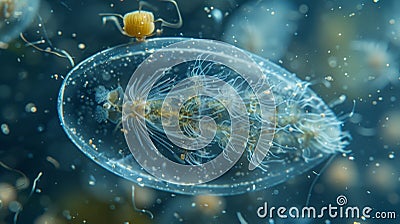 A zooplankton with a transparent body showcasing its and beating cilia. It is surrounded by smaller organisms Stock Photo