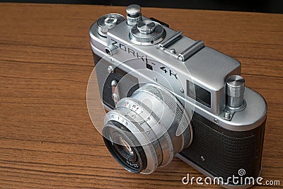 Zorki 4k camera The 35 mm rangefinder camera all Zorki cameras made in Russia. some said it`s Leica`s Copy Camera Editorial Stock Photo