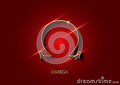 Omega sign, gold logo, Golden Greek Omega Letter Symbol, luxury icon, graphic, vector isolated on dark red background Vector Illustration