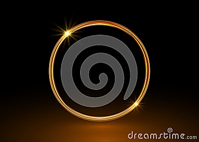 Vector magic gold circle frame. Glowing fire ring trace. Golden swirl trail effect isolated on black background. Bright luxury Vector Illustration