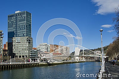 Zubizuri Bridge, in Bilbao, Biscay, Basque Country, Spain Editorial Stock Photo