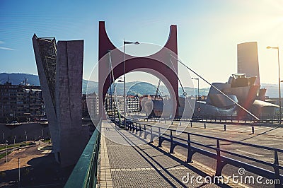 Zubizuri Bridge over Nevion River in Bilbao, Spain Editorial Stock Photo