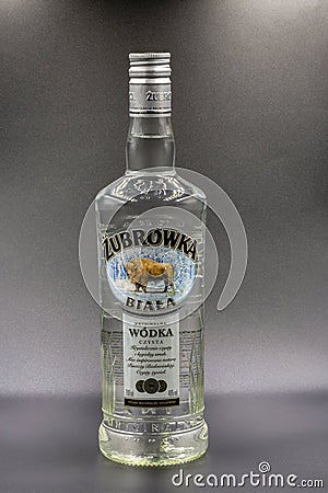 Zubrowka Biala vodka bottle closeup against black Editorial Stock Photo