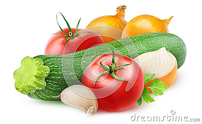 Zucchini, onion and tomato sautÃ© ingredients Stock Photo