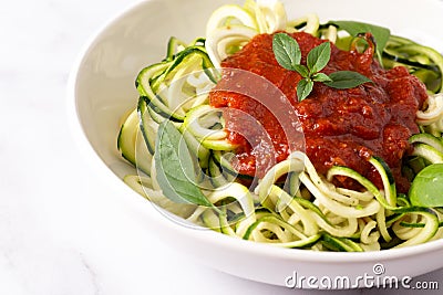 Zucchini Pasta with Tomato Sauce and Basil Stock Photo