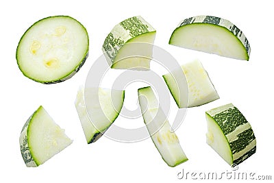 Zucchini slices isolated on a white background, top view. Sliced zucchini, courgette isolated on white. Pieces of Stock Photo