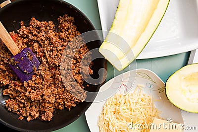 Zucchini with spicy meat stuffing Stock Photo