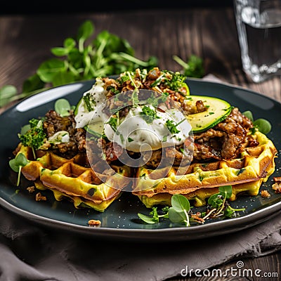 Zucchini waffles with poached egg Stock Photo