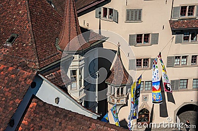 Zug, Switzerland - September 2016: Aerial view from the Zytturm Clocktower in the medieval old town, Zug Editorial Stock Photo