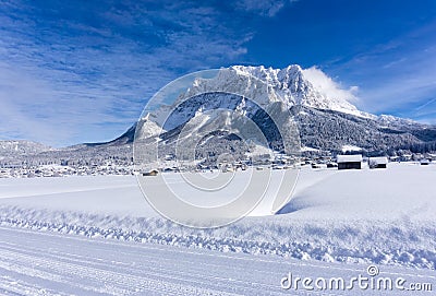 The Zugspitze Massif from the valley of Ehrwald in sunny winter day Stock Photo