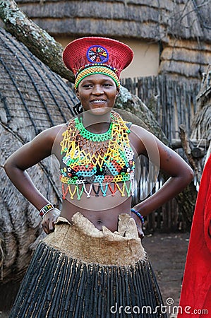 Zulu woman wearing handmade clothing at Lesedi Cultural Village Editorial Stock Photo