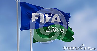 FIFA and Saudi Arabian flags waving in the wind Cartoon Illustration