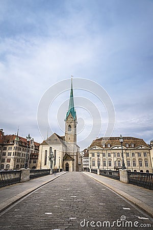 Zurich cityscape with the Munsterbrucke bridge and old buildings Stock Photo