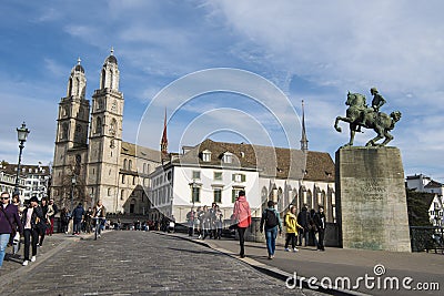 Zurich, old city with equestrian statue and Church Grossmunster Editorial Stock Photo