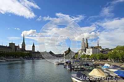 Zurich sightseeing old town with Fraumunster and Grossmunster Stock Photo