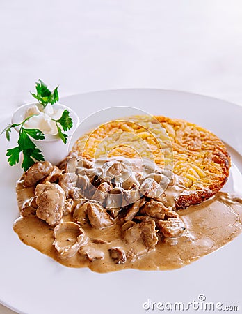 Zurich style veal stew and rosti potato, Swiss cuisine Stock Photo