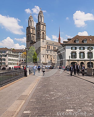 View along Munsterbrucke bridge in Zurich, Switzerland Editorial Stock Photo