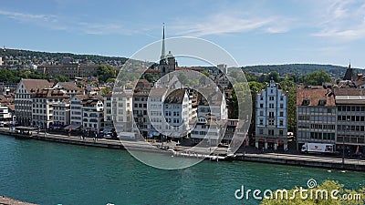 ZURICH, SWITZERLAND - JULY 04, 2017: View of historic Zurich city center, Limmat river and Zurich lake, Switzerland. Zurich is a l Editorial Stock Photo