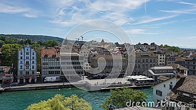 ZURICH, SWITZERLAND - JULY 04, 2017: View of historic Zurich city center, Limmat river and Zurich lake, Switzerland. Zurich is a l Editorial Stock Photo