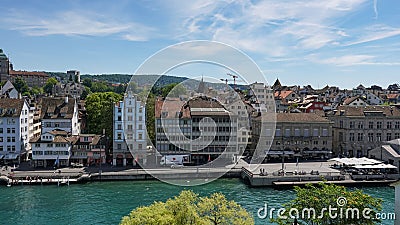 ZURICH, SWITZERLAND - JULY 04, 2017: View of historic Zurich city center, Limmat river and Zurich lake, Switzerland. Zurich is a l Editorial Stock Photo