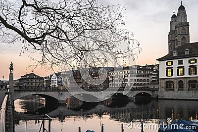 Zurich, Switzerland with Munsterbrucke bridge over Limmat river Stock Photo