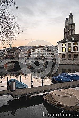 Zurich, Switzerland with Munsterbrucke bridge over Limmat river Stock Photo