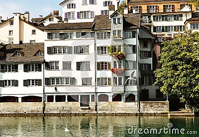 Zurich, Switzerland - view of typical swiss house near river Limmat Stock Photo