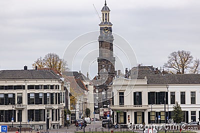 ZUTPHEN, NETHERLANDS - Nov 03, 2020: Tower towering over boulevard of Dutch city Zutphen Editorial Stock Photo