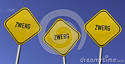 Zwerg - three yellow signs with blue sky background Stock Photo