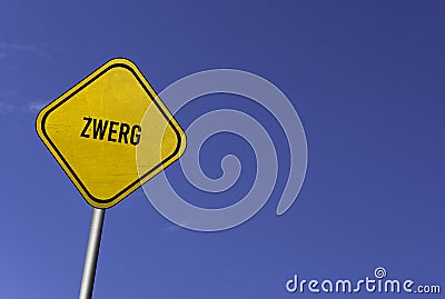 Zwerg - yellow sign with blue sky background Stock Photo