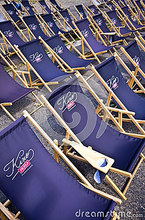 Zwierzyniec Poland, the old Brewery open air summer cinema folding chairs Editorial Stock Photo