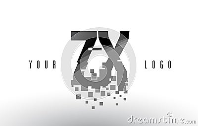 ZX Z X Pixel Letter Logo with Digital Shattered Black Squares Vector Illustration