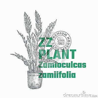 ZZ Plant Abstract Vector Sign or Label Template. Hand Drawn Potted Zamioculcas Sillhouette with Modern Typography Home Vector Illustration