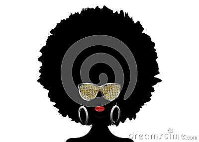 Portrait African Woman silhouette, dark skin female face with afro curly hair and gold metal sunglasses, vector isolated. Curly Vector Illustration